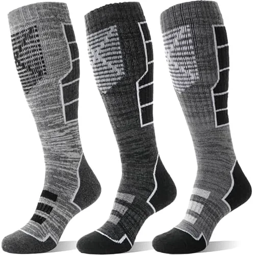 anlisim merino wool ski thermal unisex socks for men women winter warm thick knee high long skiing snowboarding socks 3 pairs gift stocking stuffers black graym