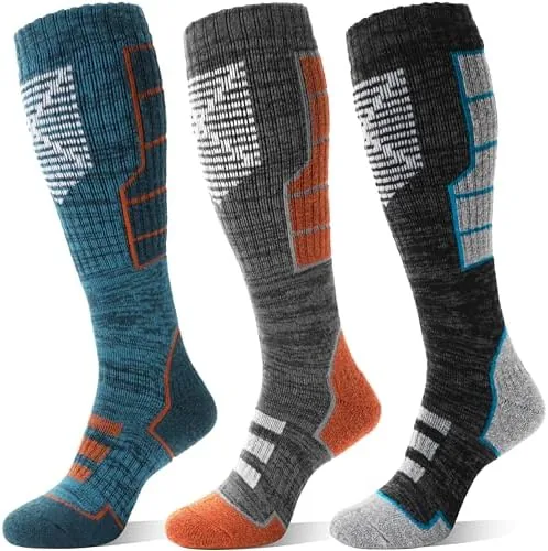 anlisim merino wool ski thermal unisex socks for men women winter warm thick knee high long skiing snowboarding socks 3 pairs gift stocking stuffersorange grayl